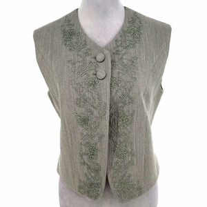 Louis Feraud Vest Womens 8 Gray Green Wool Blend Floral Embroidered Lined